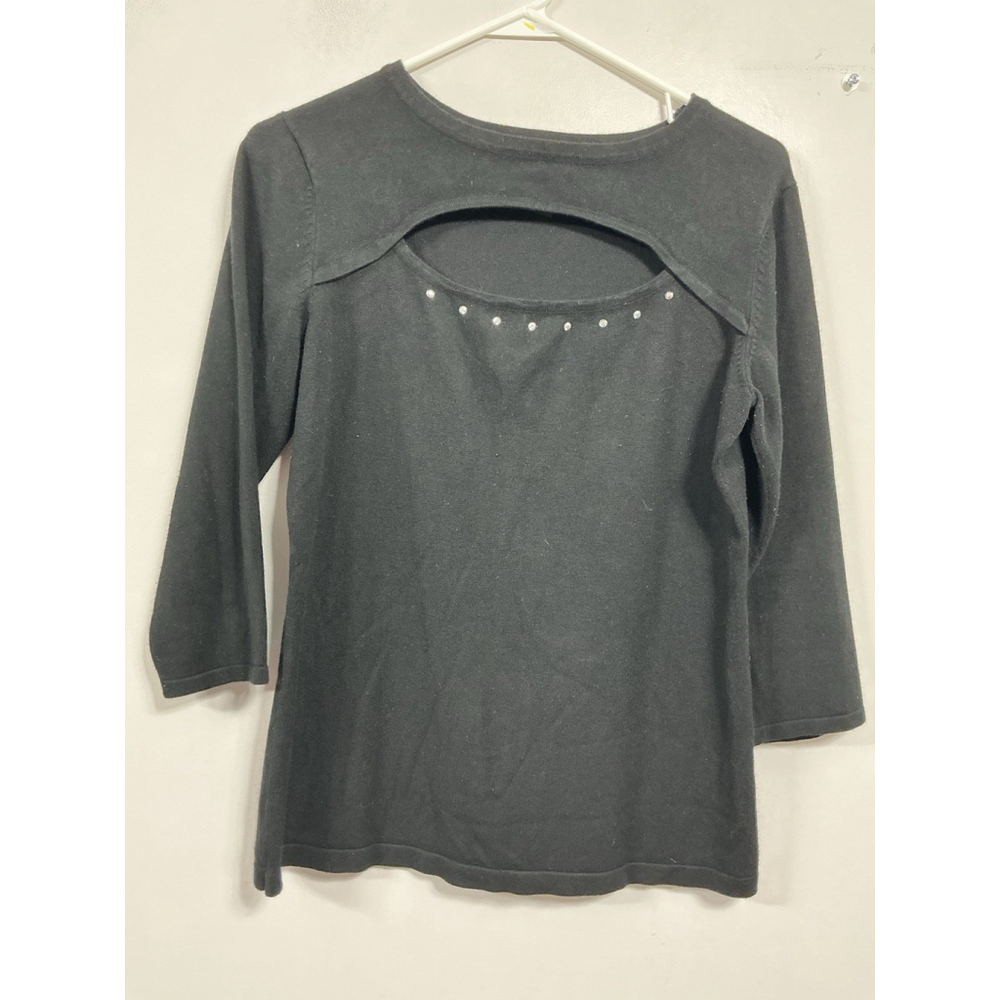Womans Questions Pullover Sweater Medium Black 3/4 Sleeve Peekaboo Studs